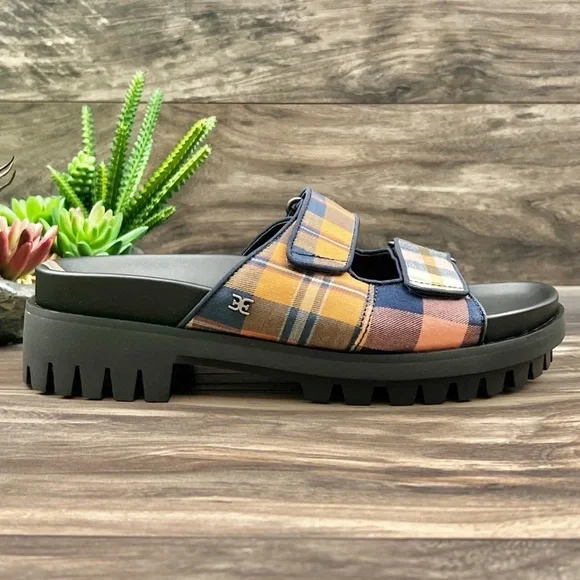 NIB Sam Edelman Eliana Two Strap Lug Sole Slide Sandal Mustard Plaid